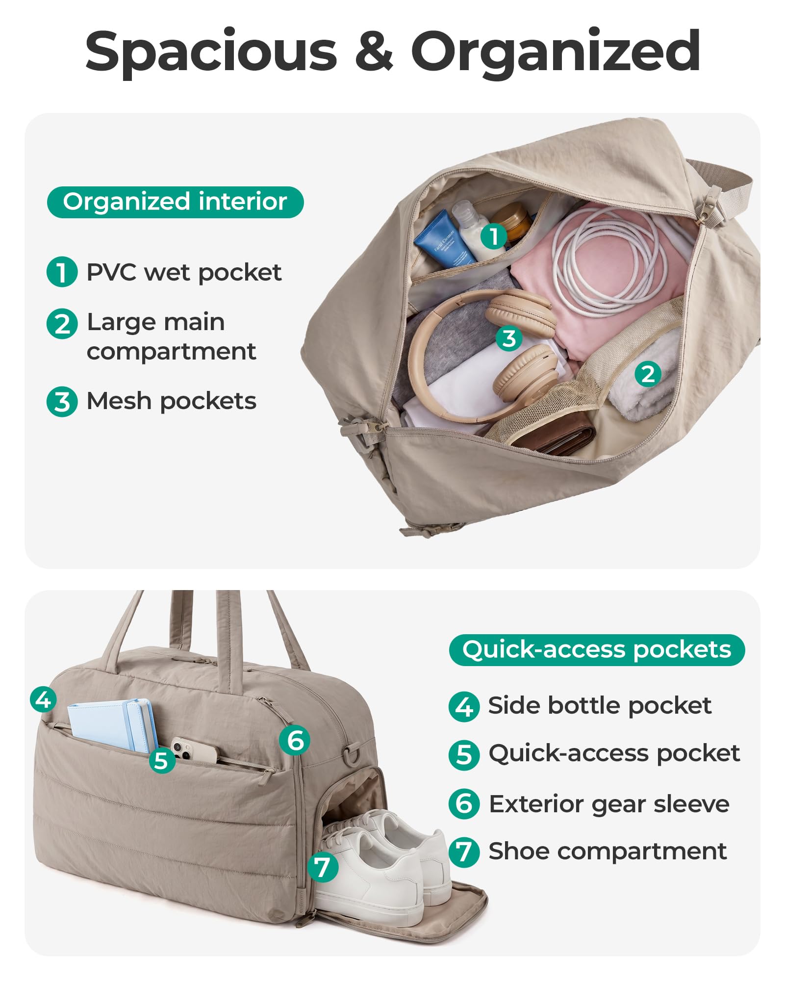 BAGSMART 2 Set Sporttasche Damen, Yogatasche mit Flaschenhalter, Kamel