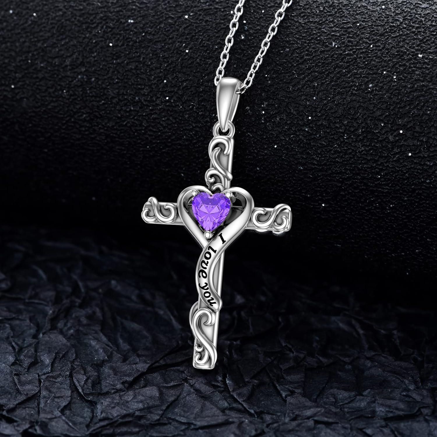 TOUPOP Valentines Day Gifts for Her Birthstone Cross Necklace for Women 925 Sterling Silver Heart Cross Pendant I Love You Jewelry Anniversary Birthday Gifts for Wife Girlfriend Mom - Image 3
