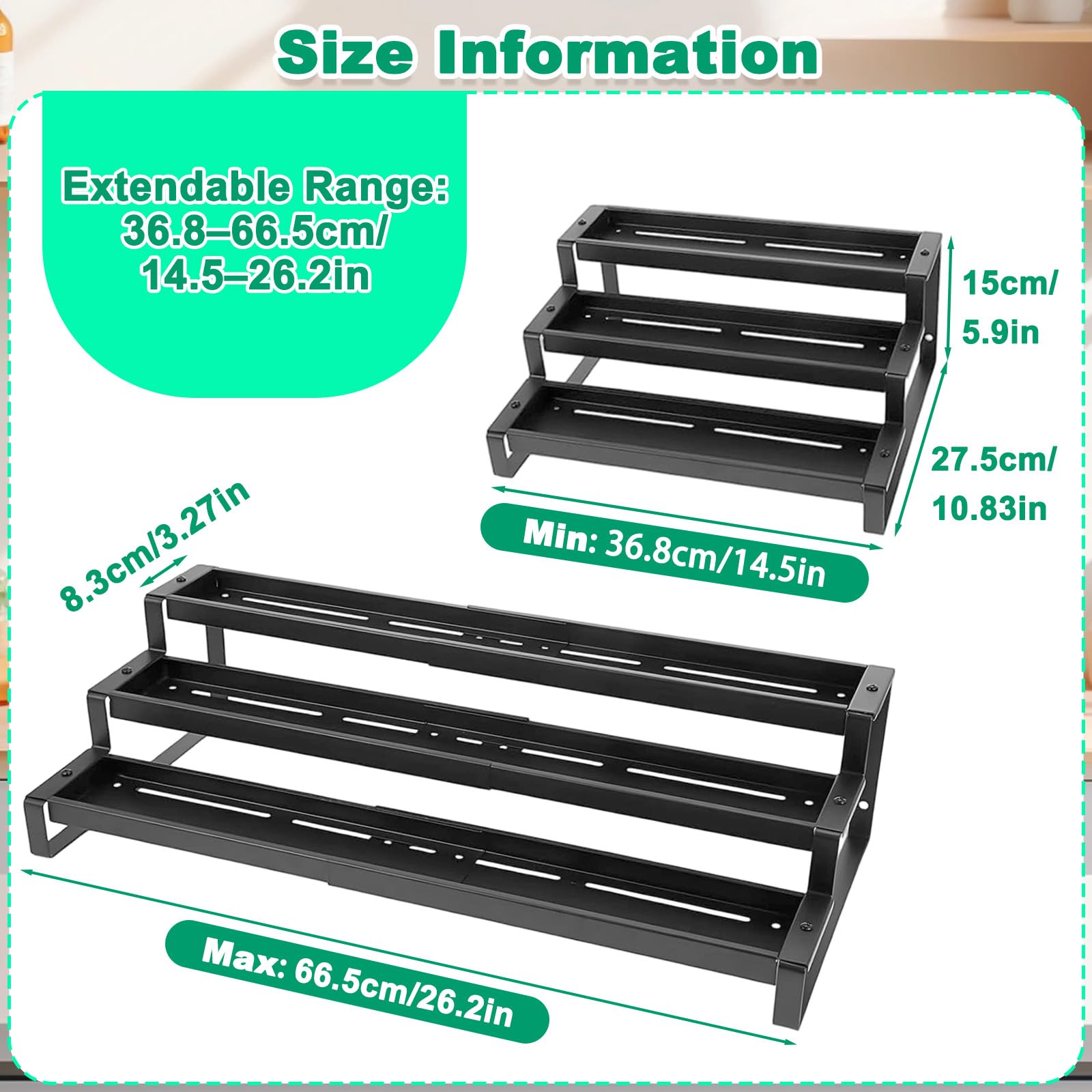 Étagère Rangement Épices Cuisine avec 3 Niveaux, 37–67 cm Porte Épices en Métal Conception Escalier Pratique Largeur Extensible et Réglable pour Range Armoire, Comptoir, Garde-Manger, Salle de Bain