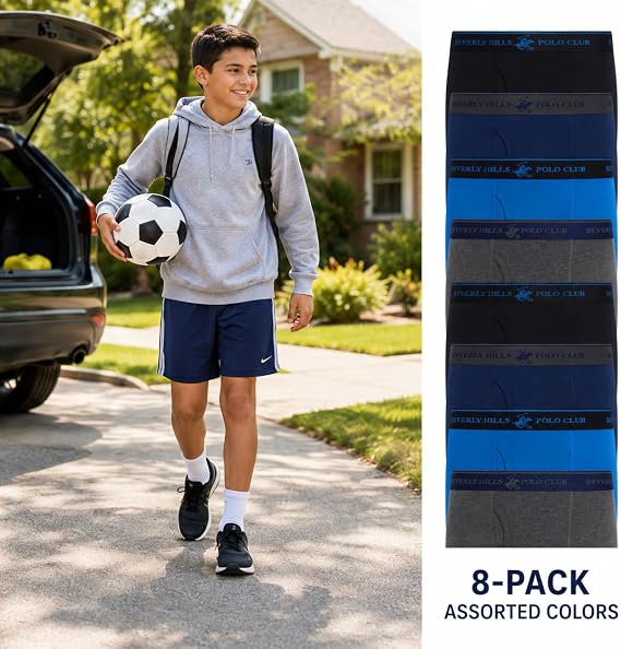 Beverly Hills Polo Club Boys Boxer Briefs 8-Pack Cotton Underwear (4-14) | Breathable Stretch Waistband with a Contoured Pouch and Functional Fly, Tagless Comfort for Active School Days