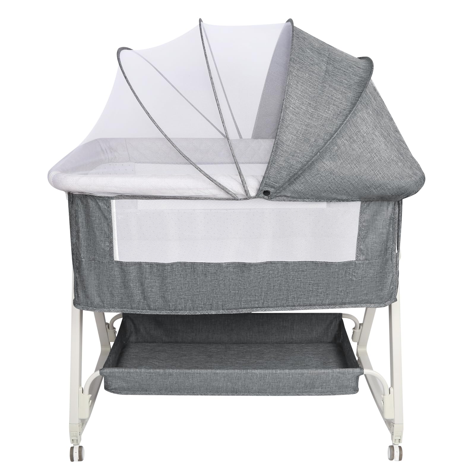 HUOLE 3 in 1 Berceau Cododo avec Matelas et Moustiquaire, lit bébé Portable avec roulettes, 92x52x106-118 cm Gris Lin