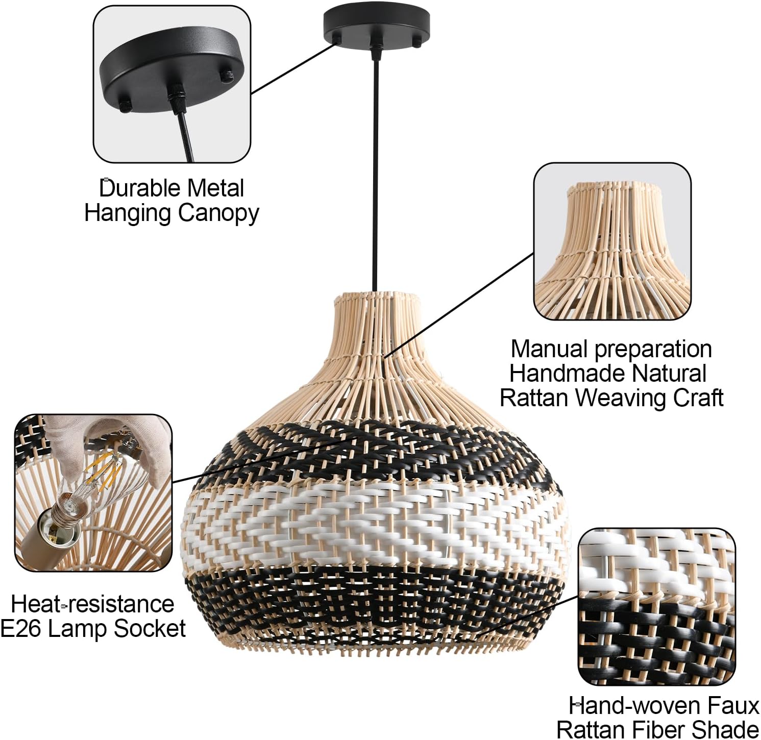15" Rattan Pendant Light,1-Pack Hand-Woven Black White Faux Rattan Hanging Light 3-Light Boho Basket Wicker Chandelier for Living Room Bedroom Kitchen Dining Hallway