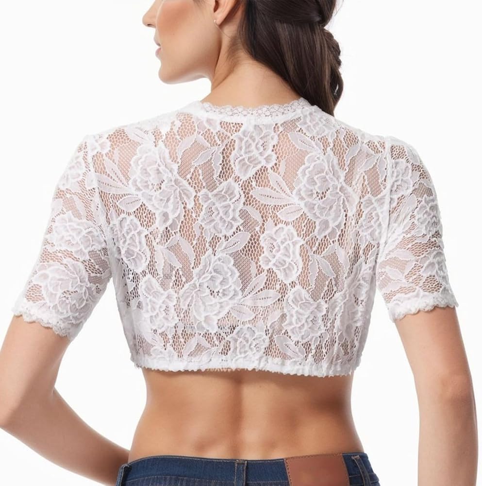 Camicetta In Pizzo Per Dirndl Da Donna, Con Scollo A V E Motivo Floreale, Maniche A Mezza Manica, Perfetta Per Oktoberfest E Uso Quotidiano