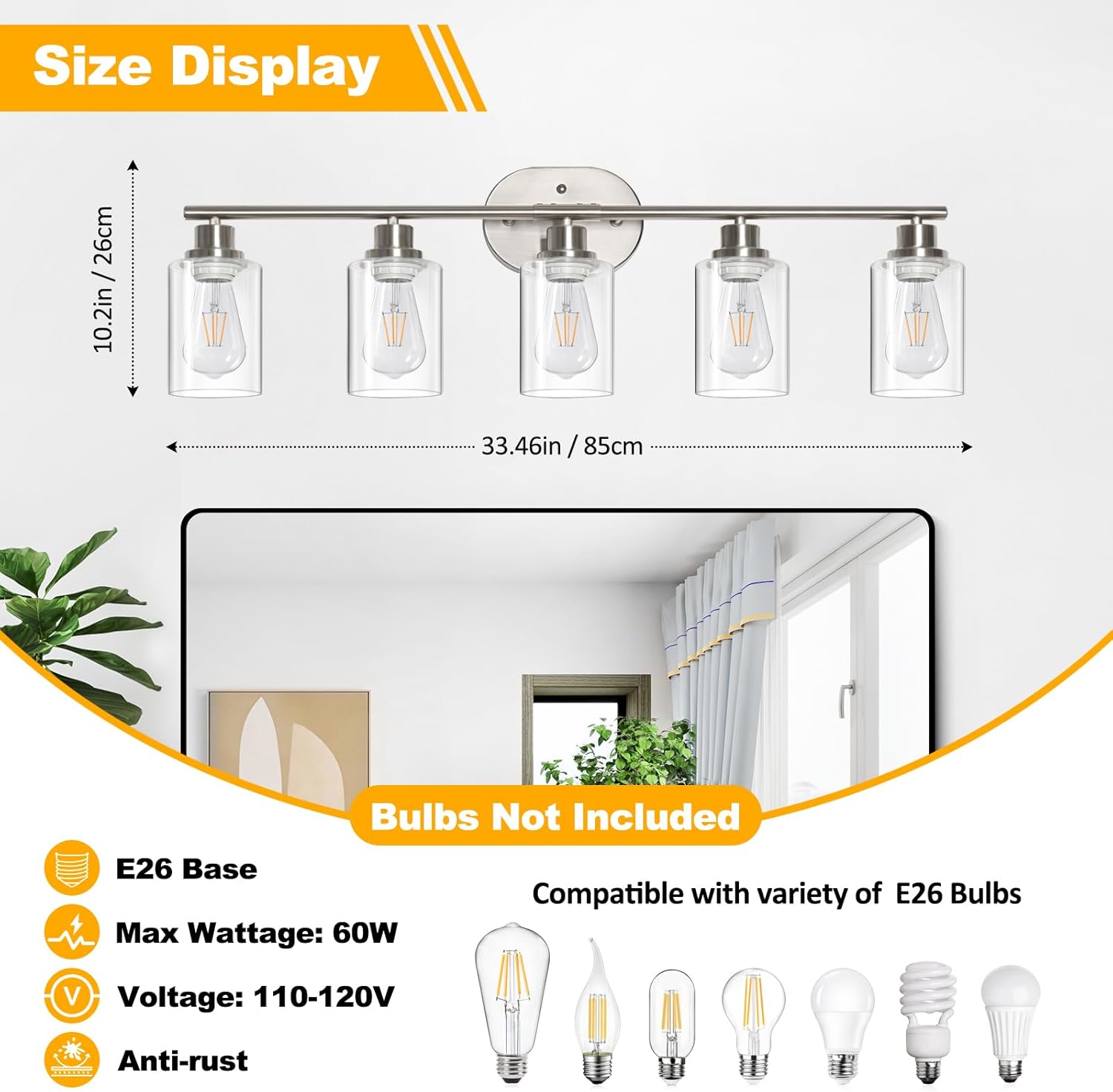 Unicozin Bathroom Light Fixtures, 5 Light Vanity Lights for Bathroom, Brushed Nickel Wall Lamp with Clear Glass for Mirror, Living Room, Hallway, Cabinet, E26 Base
