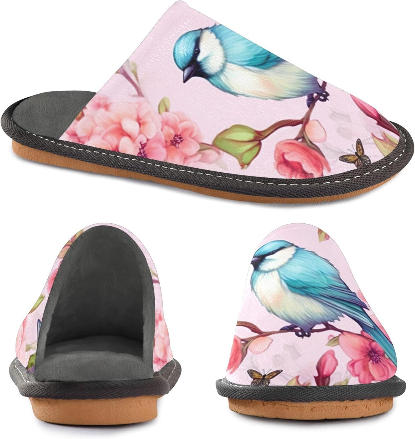 Birds Peach Blossom House Slippers – Cozy Fuzzy Slippers for Guests, Washable & Disposable, Perfect for Shoeless Home, Spa & Hotel Use A112893