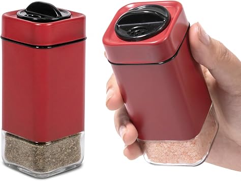 Red Salt and Pepper Shakers by Aelga, Glass Salt Shaker Set with Adjustable Pour Holes, Ideal for Black Pepper, Kosher and Himalayan