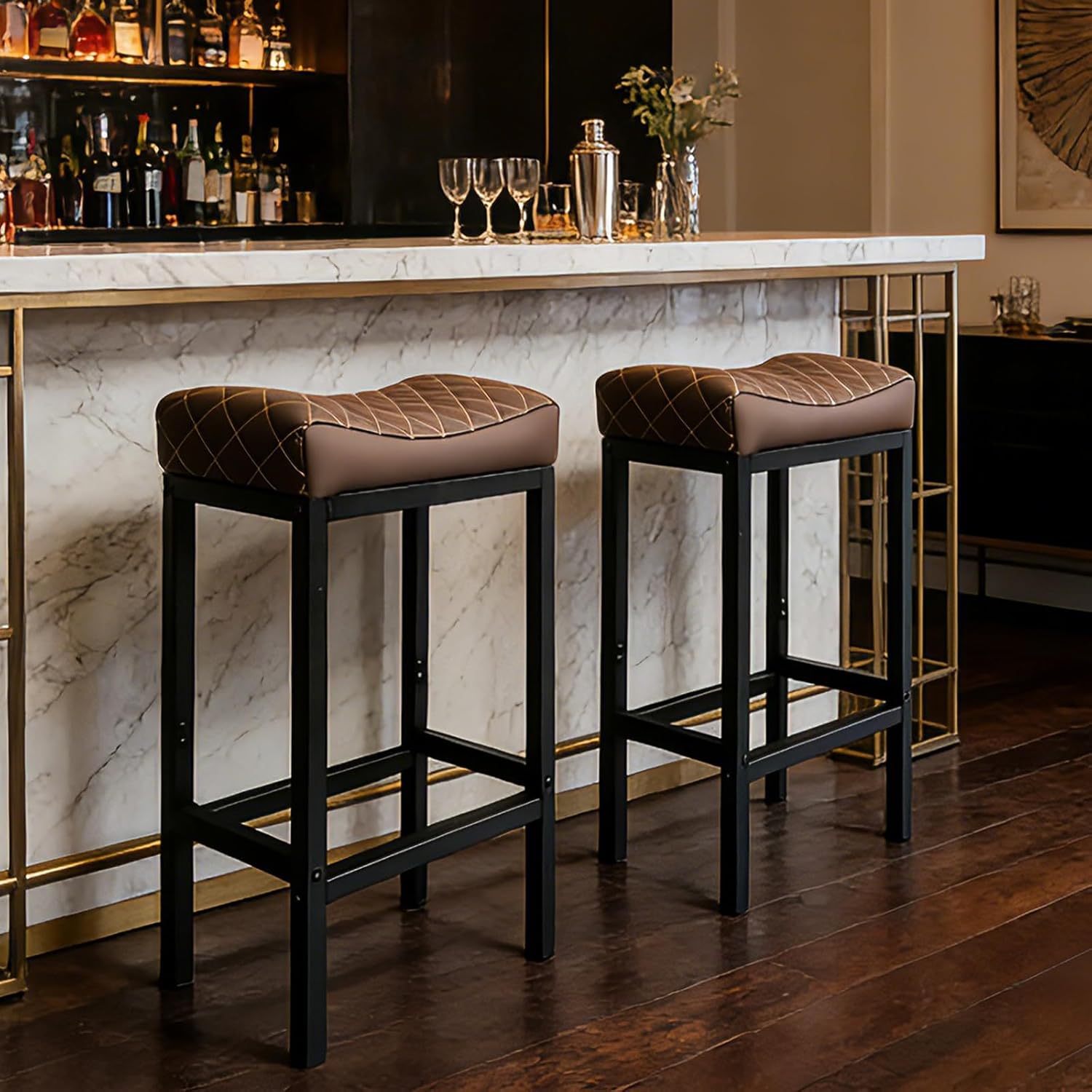 Bar Stools Set of 2, 24 Inch Backless Counter Height Bar Stools with Soft Faux Leather Seat, 300 LB Heavy Duty Padded Saddle Barstool Chair for Modern Kitchen Island Counter (Dark Brown)