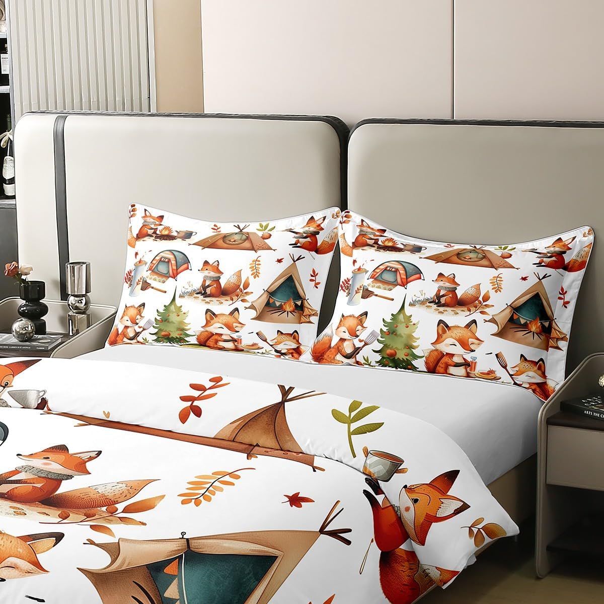 Manfei Kawaii Fox Duvet Cover Set 100% Natural Cotton Happy Camping Bonfire Bedding Set Full Size with 2 Pillowcases(No Comforter) Food Fruit Cartoon Animal Comforter Cover 3 Pcs for Bedroom Decor image 3