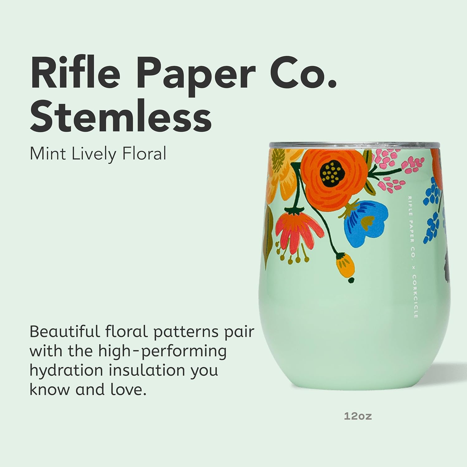 Corkcicle Stemless Insulated Wine Glass Tumbler - Keeps Beverages Cold 6 Hrs Hot 3 Hrs - Stainless Steel - Easy-Grip - Gift for Mom - Great for Mother's Day or Christmas - 12 oz - Mint Lively Floral - Image 2