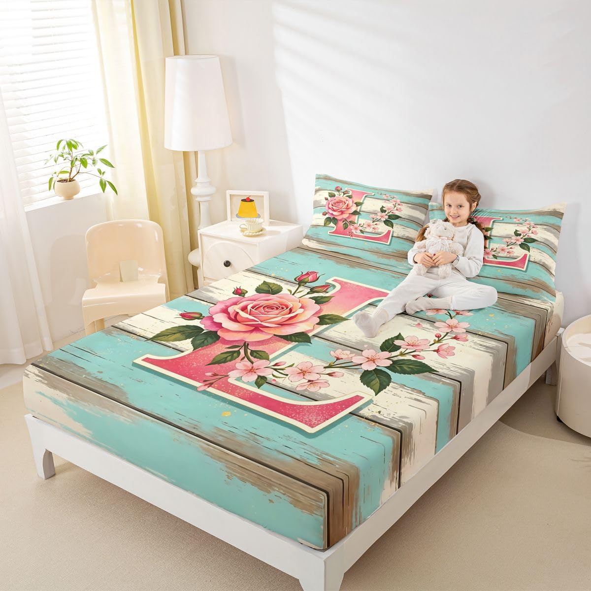 Erosebridal Floral Flowers Sheets for Boys Girls Personalized Initial L Fitted Sheet,Spring Fresh Style Kids Bedding Sets Rustic Wooden Decor Bed Sets Full 3 Piece