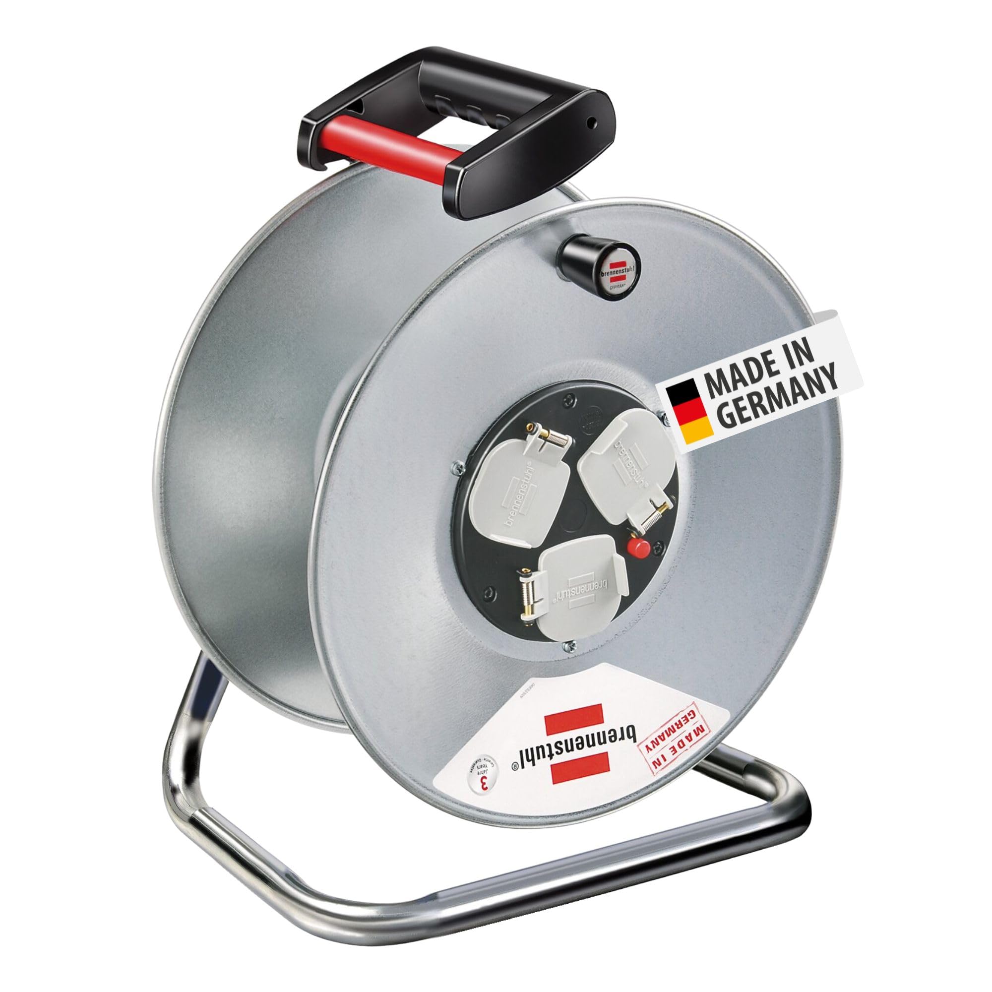 BrennenstuhlGarant 3-way socket cable reel without extension cable (rust-proof), empty reel with ergonomic handle