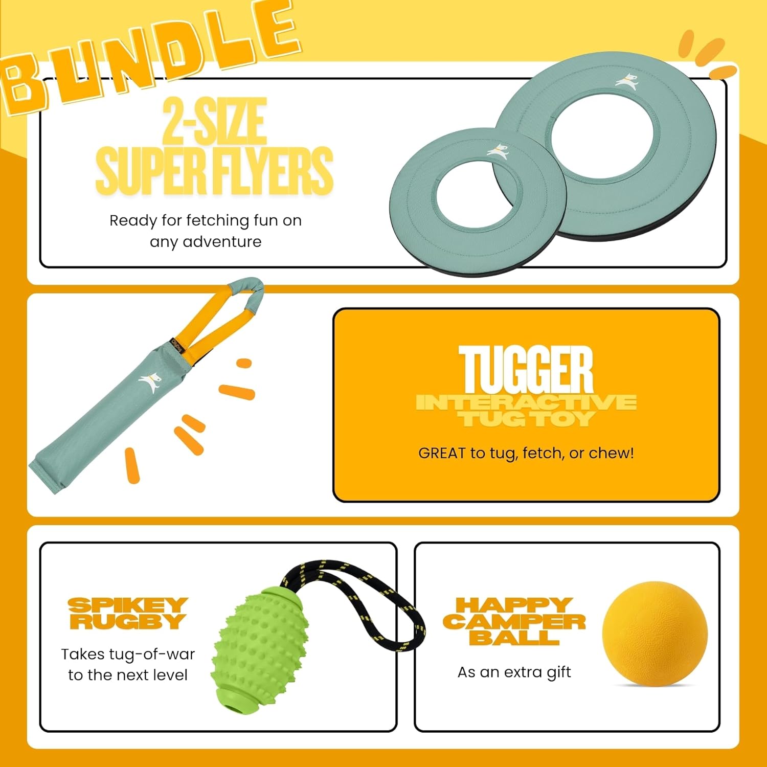 OllyDog Ultimate Dog Toy Bundle – Tug Toy, Floating Frisbees (11" & 9"), Rubber Ball & Rope Rugby – Durable, Eco-Friendly Dog Toys for Fetch, Water Play & Training