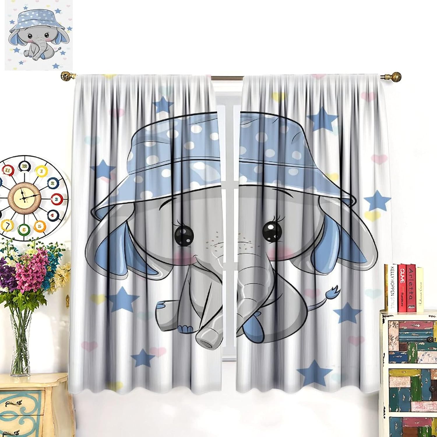 Cartoon Cute Elephant Curtain Nursery Baby Elephant with Blue Hat Windows Drapes for Nursery Room Kids Room Gifts for Boys and Girls Rod Pocket 2 Panels 63L x 36W