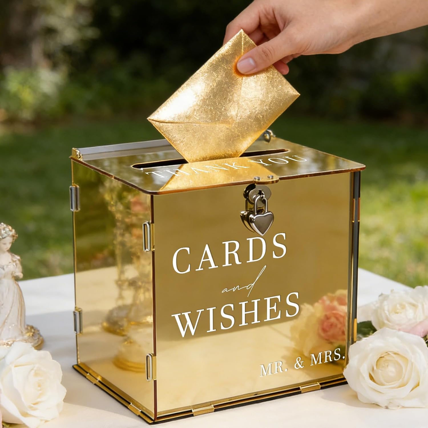 Acrylic Gold Card Box with Slot & Lock, Metallic Golden Classy Wedding Card Boxes for Reception, Large Money Gift Cards Box for Party Engagement Bridal Shower Luxury Wedding Table Decor