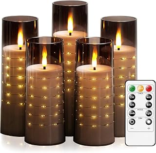 Flameless Candles with Embedded Star String - Flow Flicker Battery LED Candles, Realistic Flame, Grey Set of 5 | Holiday Decoration, Wedding, Party Adding to The Family Atmosphere