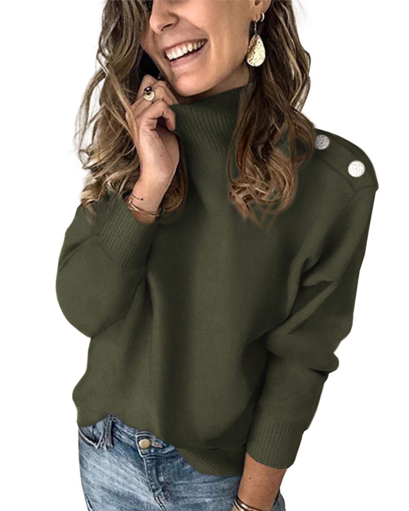 KIRUNDO Fall Sweaters for Women Striped Turtleneck Sweater | Ribbed Knit, Mock Neck, Long Sleeve, Trendy Pullover Jumper, Shoulder Decoration Button, 2026 Autumn Winter Fashion Clothing