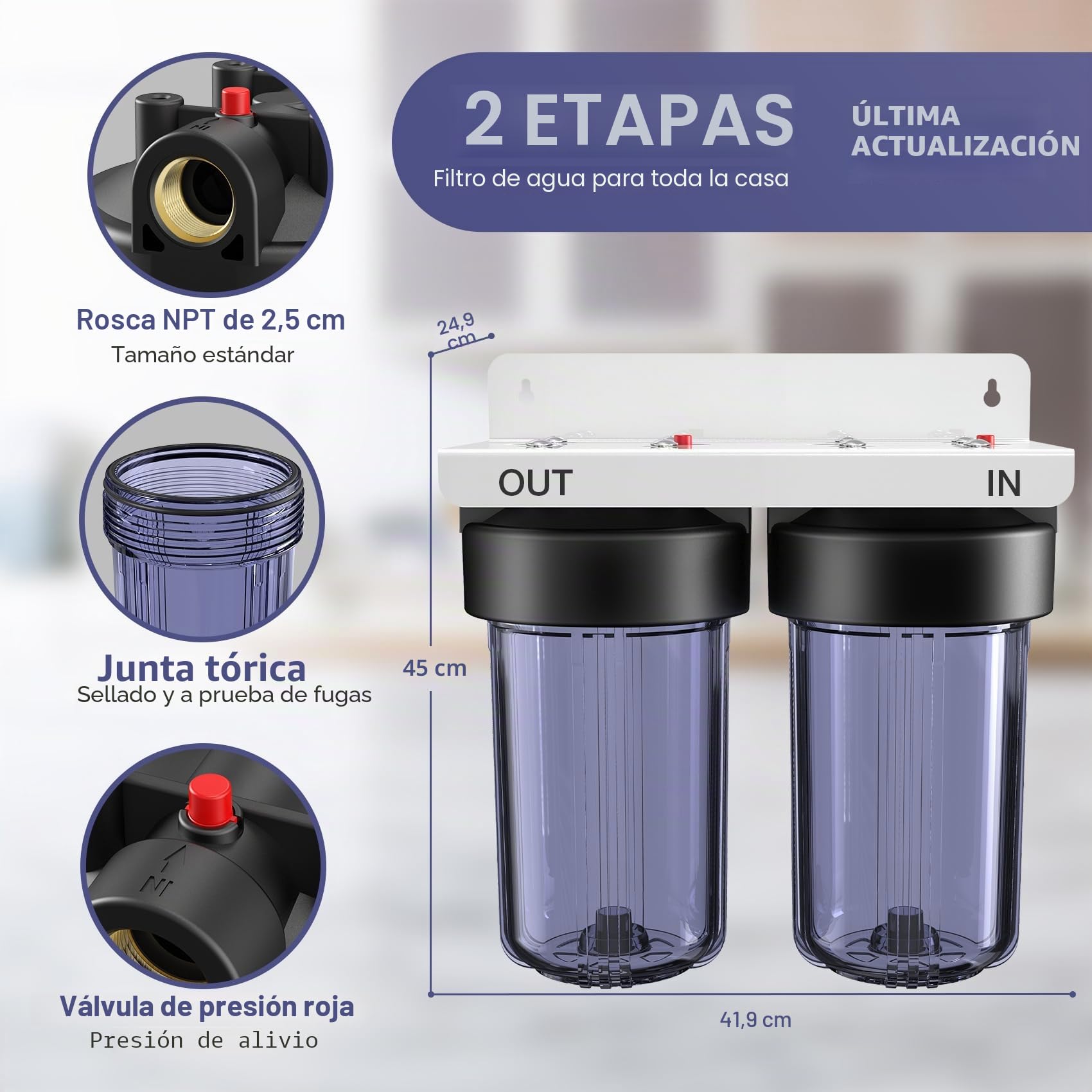 SimPure DB10C-2 Filtro de Agua Doble de 10"x4,5", con Cartuchos Filtros de Sedimentos & Carbón Activado, con Soporte de Porta & Llave, Reduce Olores, Cloro y Sabor, Entrada/salida de 1“