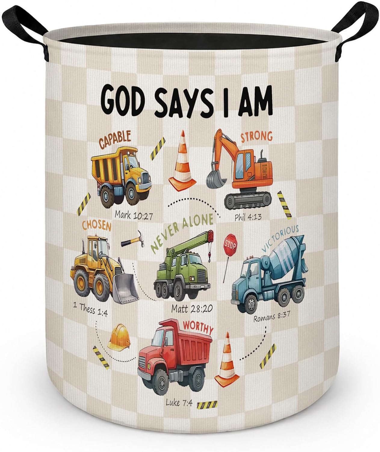 Christian Construction Laundry Basket with Handles, God Say I Am Bible Verse Laundry Hamper Waterproof Collapsible Clothes Toys Storage Organizer for Boys Kids Nursery Bedroom Playroom