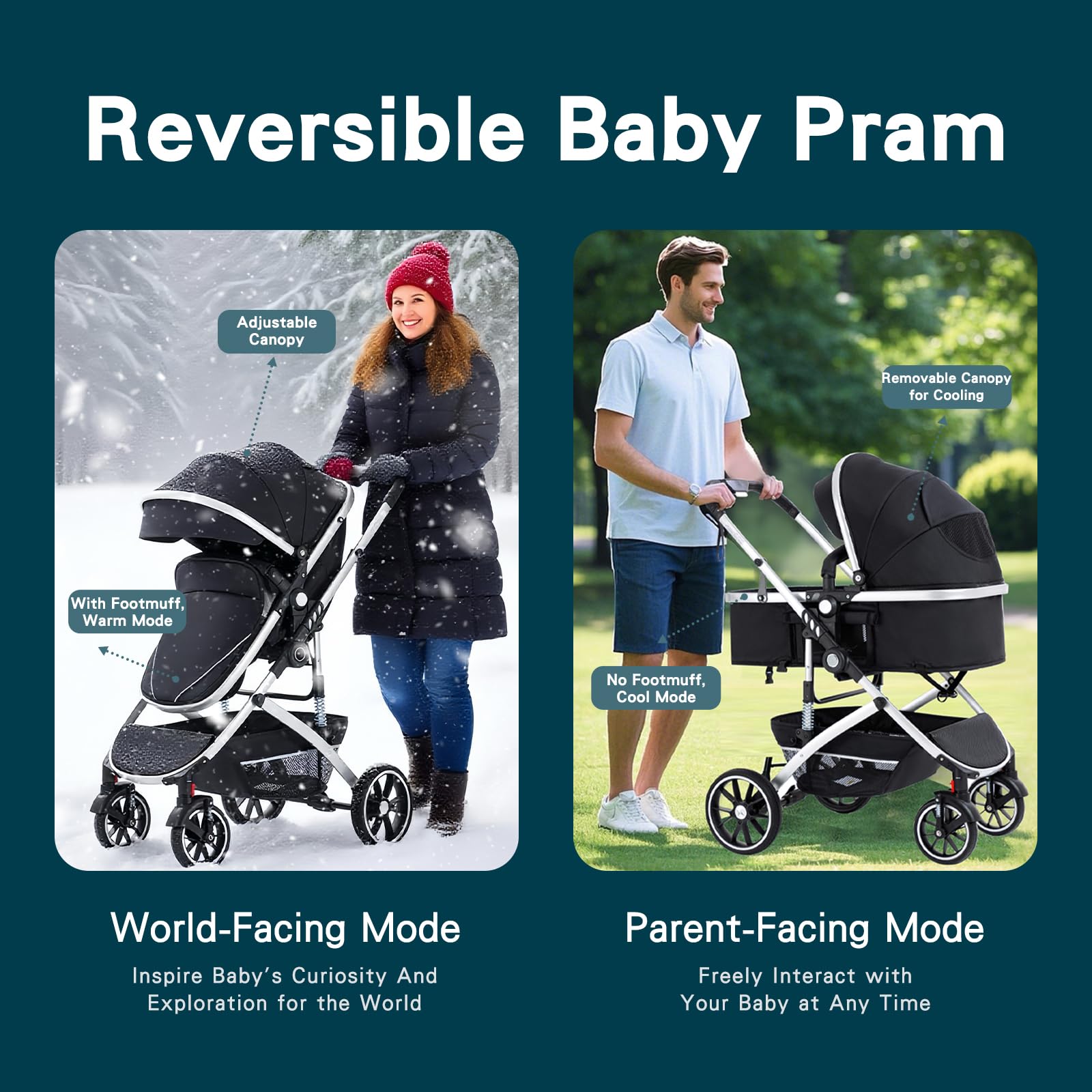 3 en 1 Cochecito de Bebé, Sistema de Viaje, Carrito Bebé Plegable con Un Solo Clic, Silla de Paseo, Capazo y Asiento de Cochecito con Mosquitera, Silla de Coche Alto para Recién Nacido 0-4Años