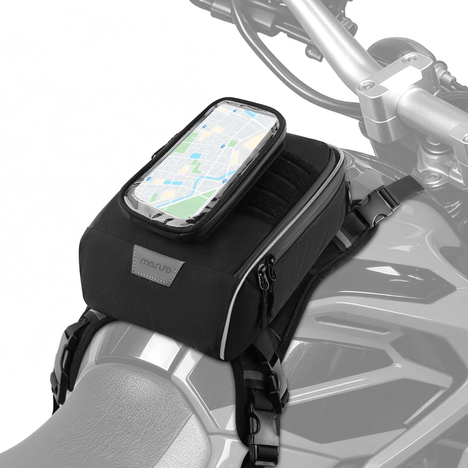 MOSISO Sac Réservoir Moto, 5 Sangles Renforcées Haute Résistance, Base Antidérapante Portable Détachable, Sac Multifonction Accessoires Moto Cyclisme Extérieur Rangement, Noir