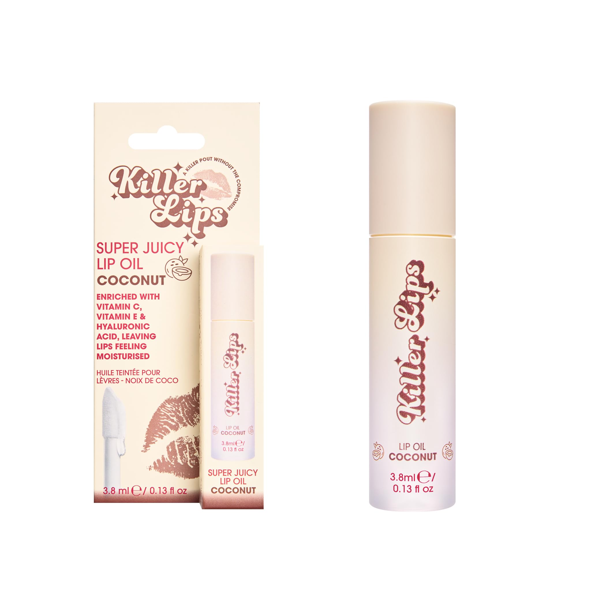 Killer Lips Super Juicy Lip Oil Coconut 3.8ml – Hydrating Glossy Lip Oil with Hyaluronic Acid, Vitamin E & C, Non-Sticky Lip Gloss for Soft, Plumper Looking Lips, Vegan Friendly