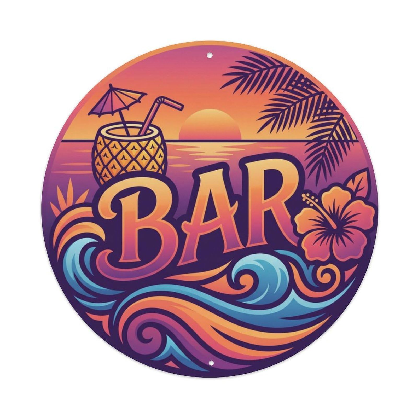 BAR Tropical Sunset Emblem Metal Tin Sign Plaque Wall Decor for Cafe, Club Bar, Office, Home Garden Round Metal Poster 8x8Inch