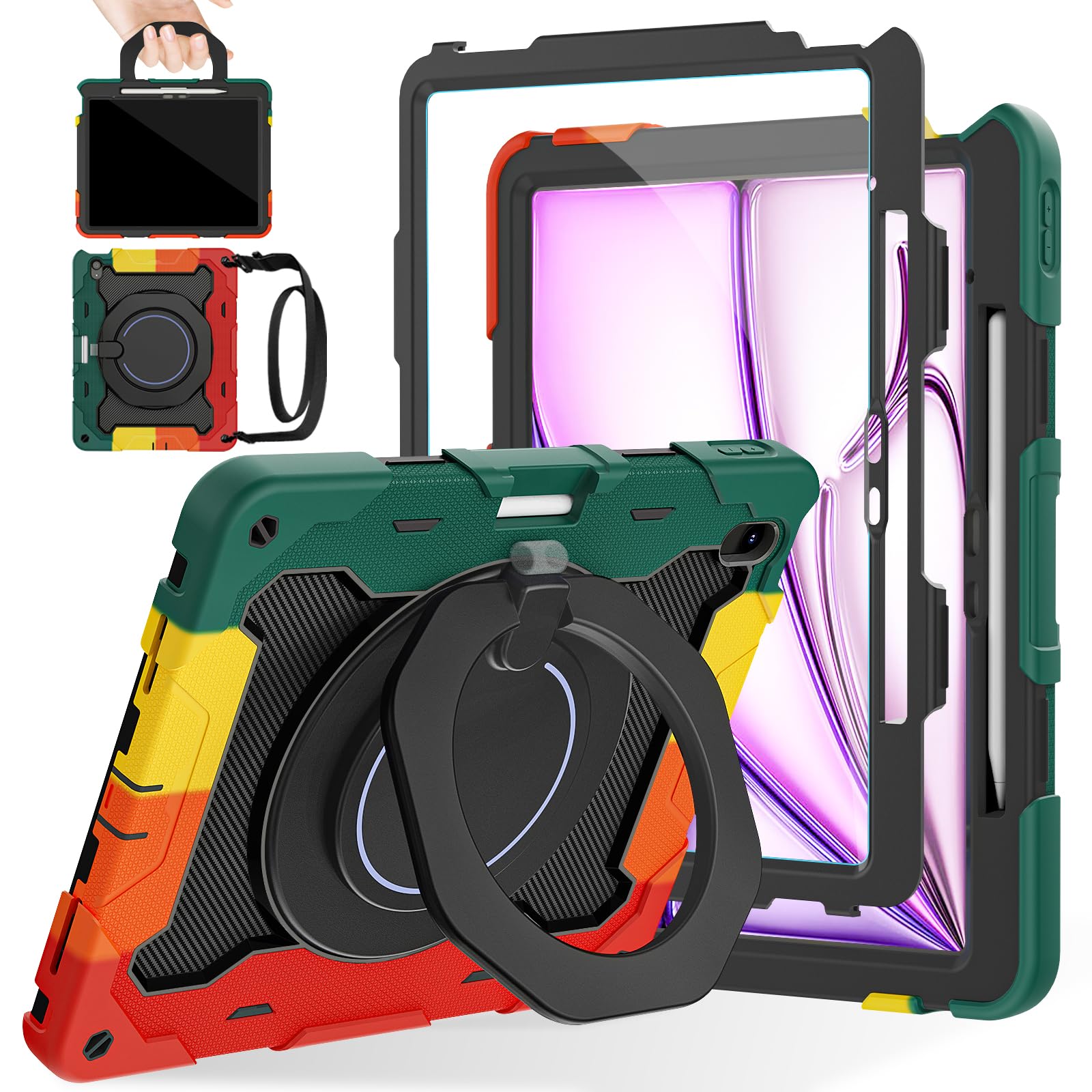 ROISKIN for iPad Air 13 Inch Case (M3 2025/M2 2024) for Kids with HD Screen Protector, 360 Kickstand,Handle, Shoulder Strap, Pen Holder, Rugged Heavy