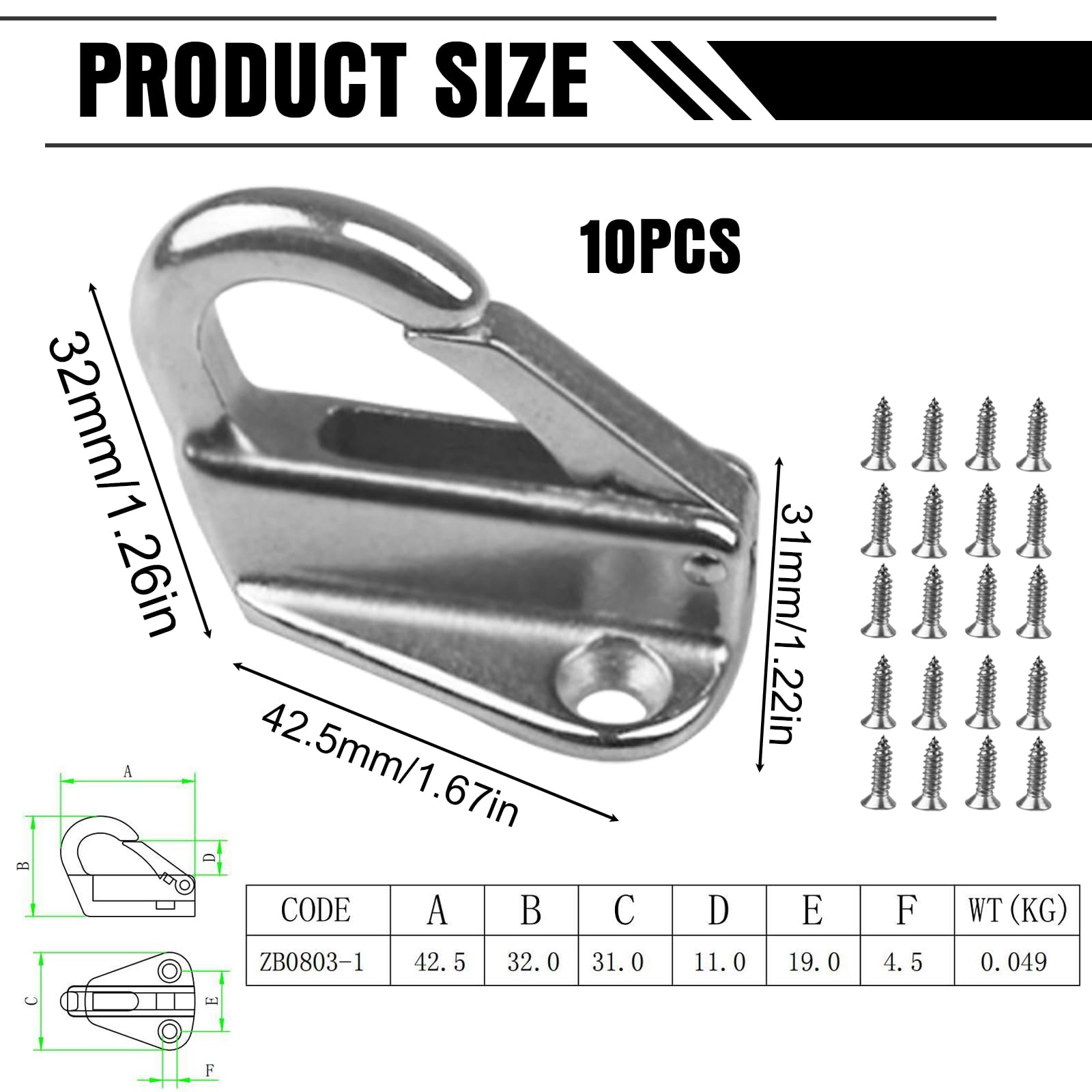 10PCS Planenhaken Anhänger, Planenbefestigung AnhäNger, Planenhaken Netzhaken Edelstahl Anhänger Haken mit 20 Schrauben, Metall Netzhaken Bootshaken für Plane & Anhängernetz Yachtzubehör