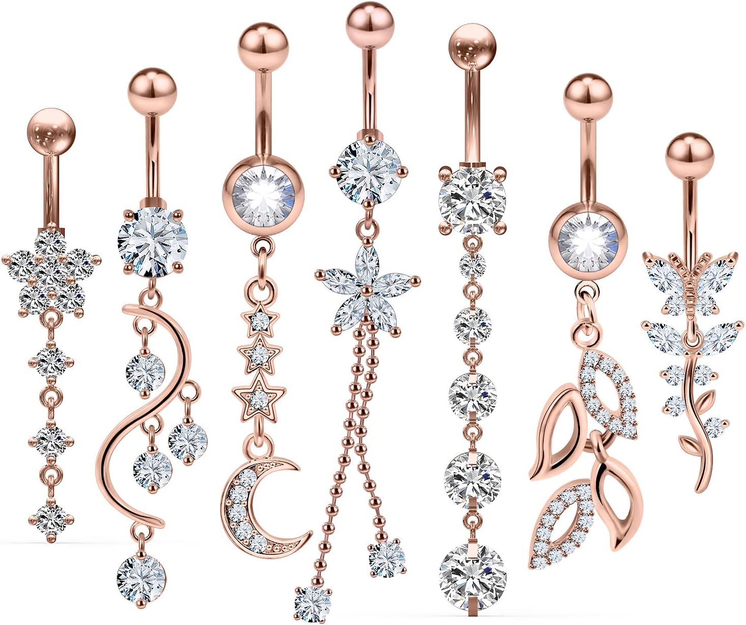 7PCS 14G 10mm Stainless Steel Dangle Belly Button Rings for Women Belly Piercing CZ Inlaid