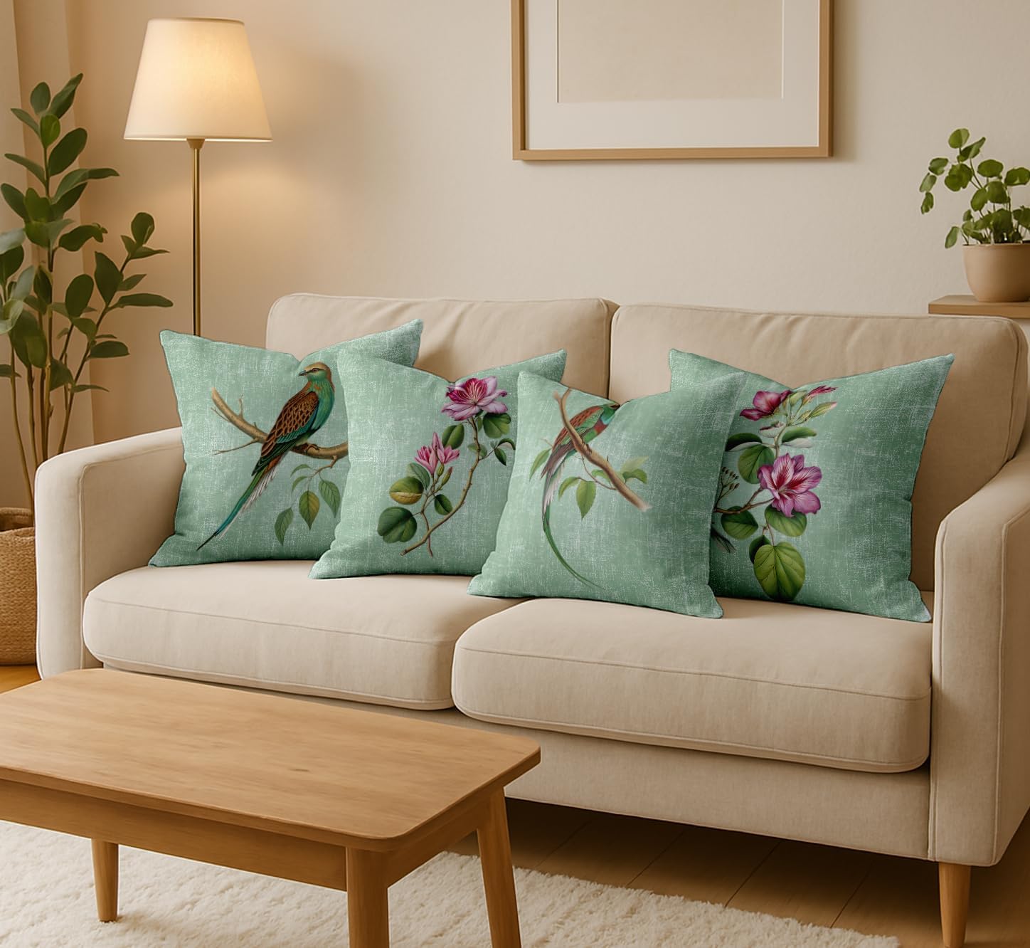 16x16 Inch Cushion Covers Set of 4 - Premium Cotton, Floral & Bird Print, Reversible Printed Pillow Covers with Concealed Zipper - Green