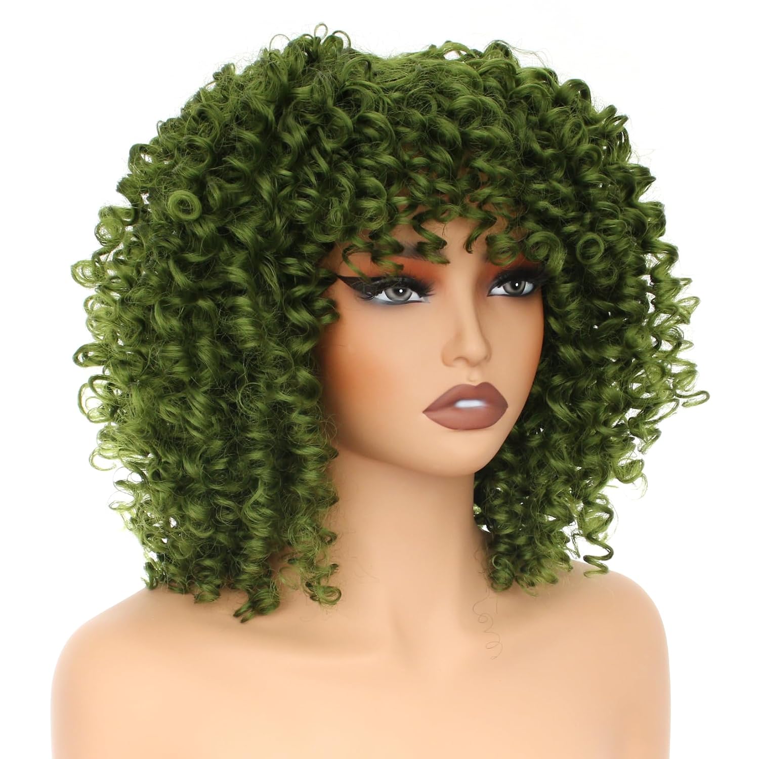 PORSMEER 14 inch Afro Curly Wigs for Women, Short Loose Kinky Curly Wigs with Bangs for Black Women, Synthetic Afro Curls Hair 70s (Green)
