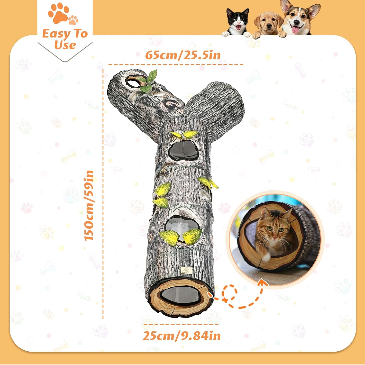 Cat Tunnel, 3 Way Tree Trunk Cat Tunnels for Indoor Cats, 59" Collapsible Cat Tube Toys with 5 Peek Holes & Leaves, Durable Kitty Play Maze for Large Cats, Kittens, Rabbits & Small Pets, Easy to Store
