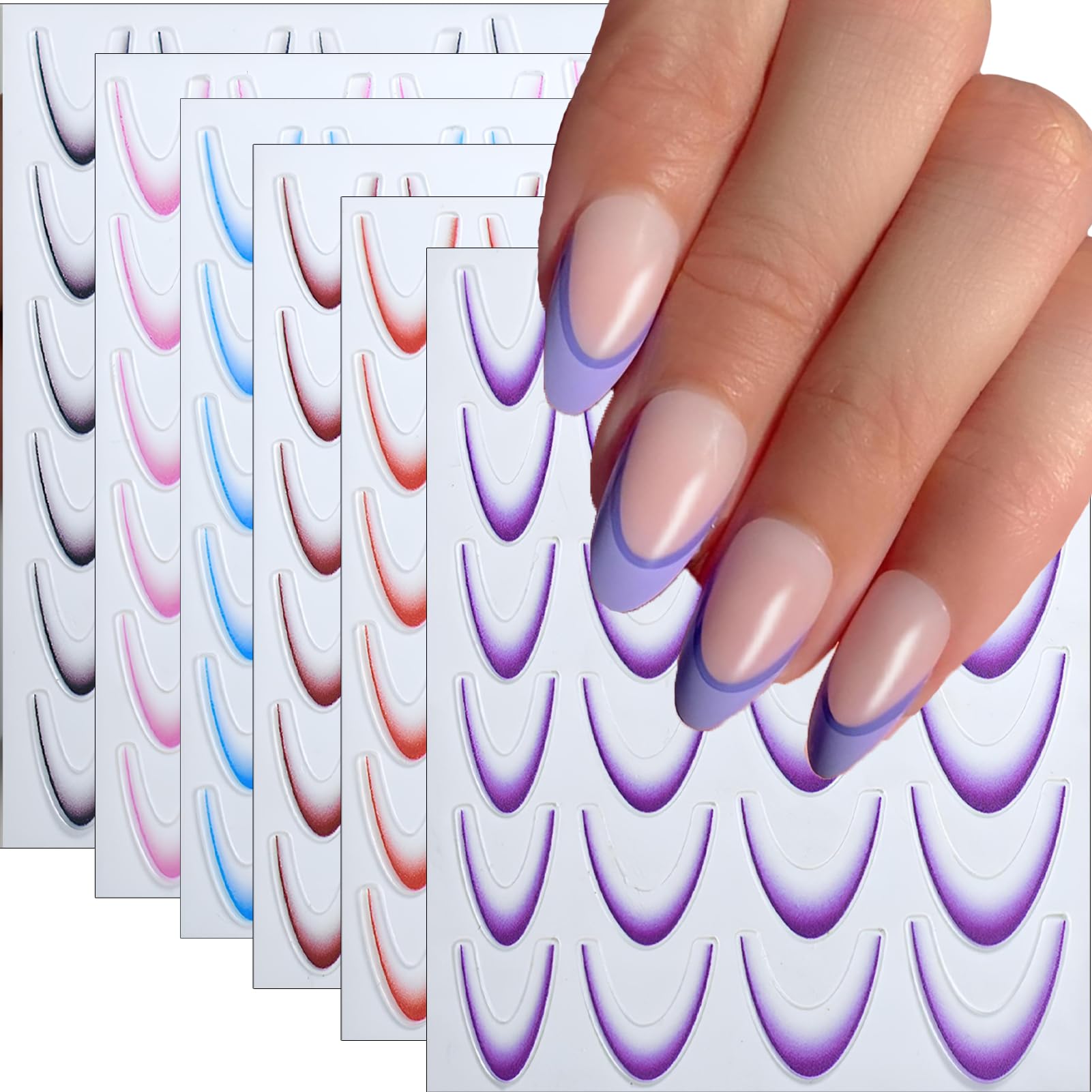 winthrop 9 Sheets French Gradient Line Nail Stickers, Colorful Stripes Line 3D Design Self-Adhesive Nail Tips Art Decals, DIY Manicure Decoration