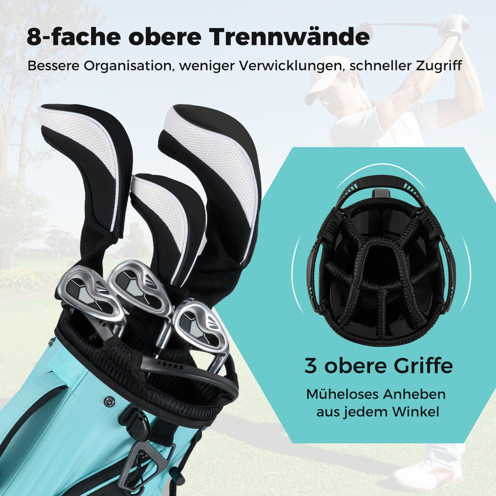 COSTWAY Golf Standtasche, Golf Bag mit 8 er Unterteilung & Regenhaube, leichte Golftasche mit 5 Taschen & Standfüßen, Pencil Bag tragbar für Herren, Damen
