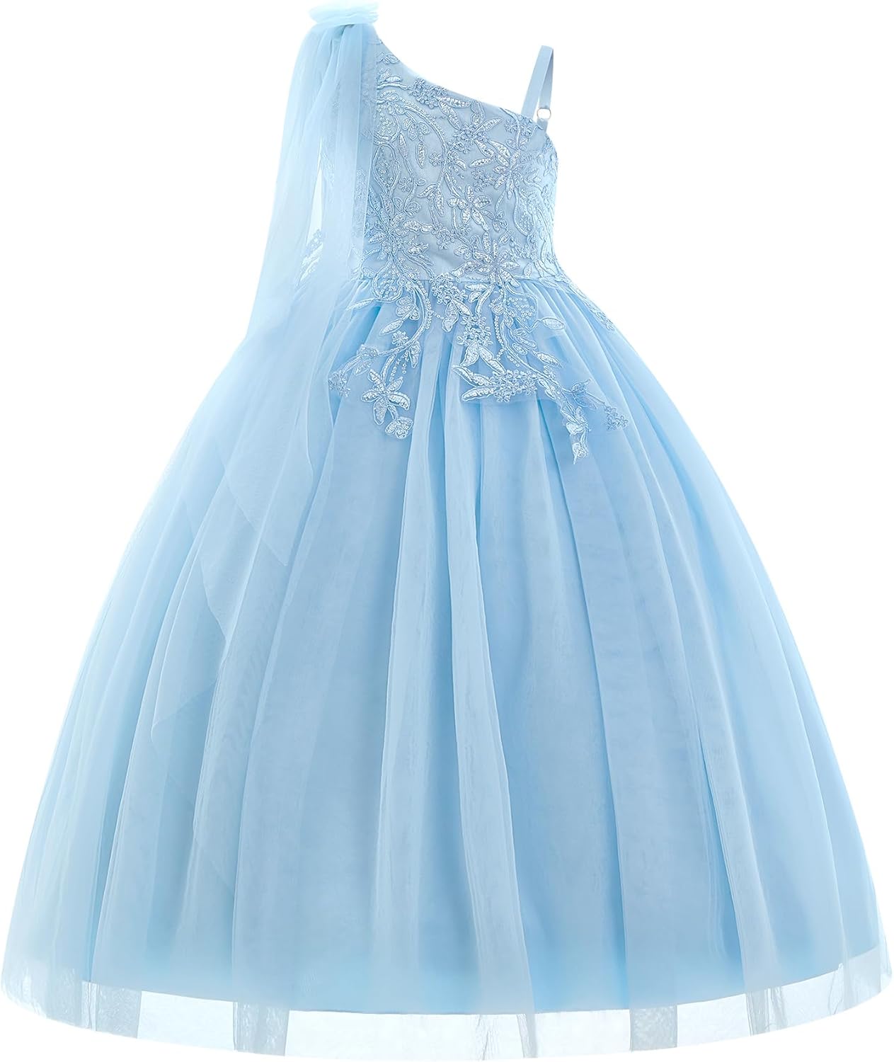 IBTOM CASTLE Girls One Shoulder Floral Applique Tulle Flower Girl Dresses for Wedding Pageant Formal Party 5-14Y