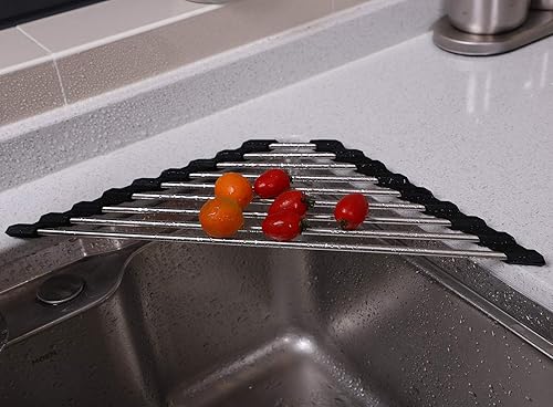 Miniatura 4 de Escurridor de platos triangular para fregadero de esquina enrollable, plegable, de acero inoxidable, multiusos, para colocar sobre el fregadero,