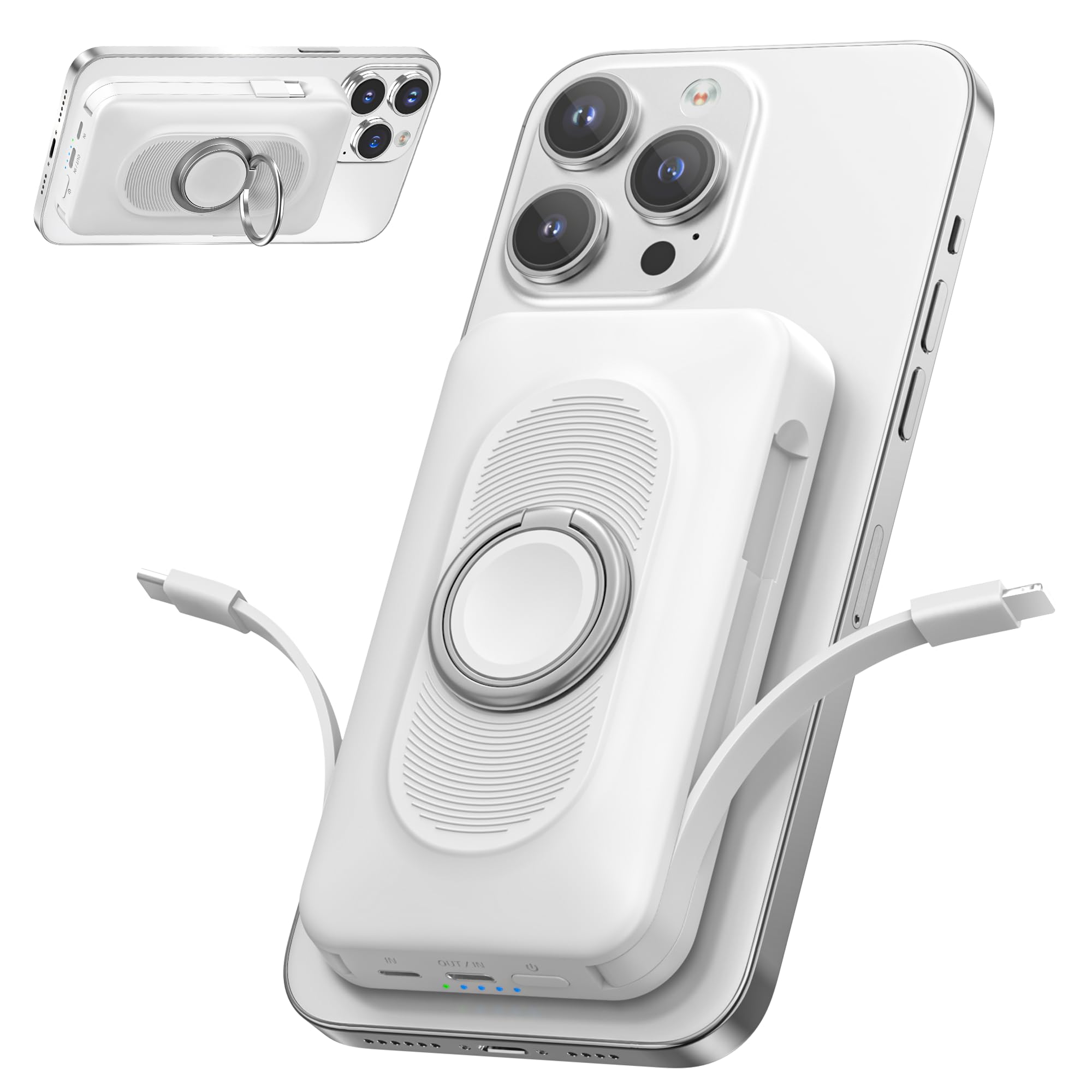 Magnetic Power Bank 20000mAh, Wireless Portable Charger, 4-in-1 Fast Charging with USB-C/iOS Cable, Battery Pack with Stand for iPhone 16-12 All Series (White)