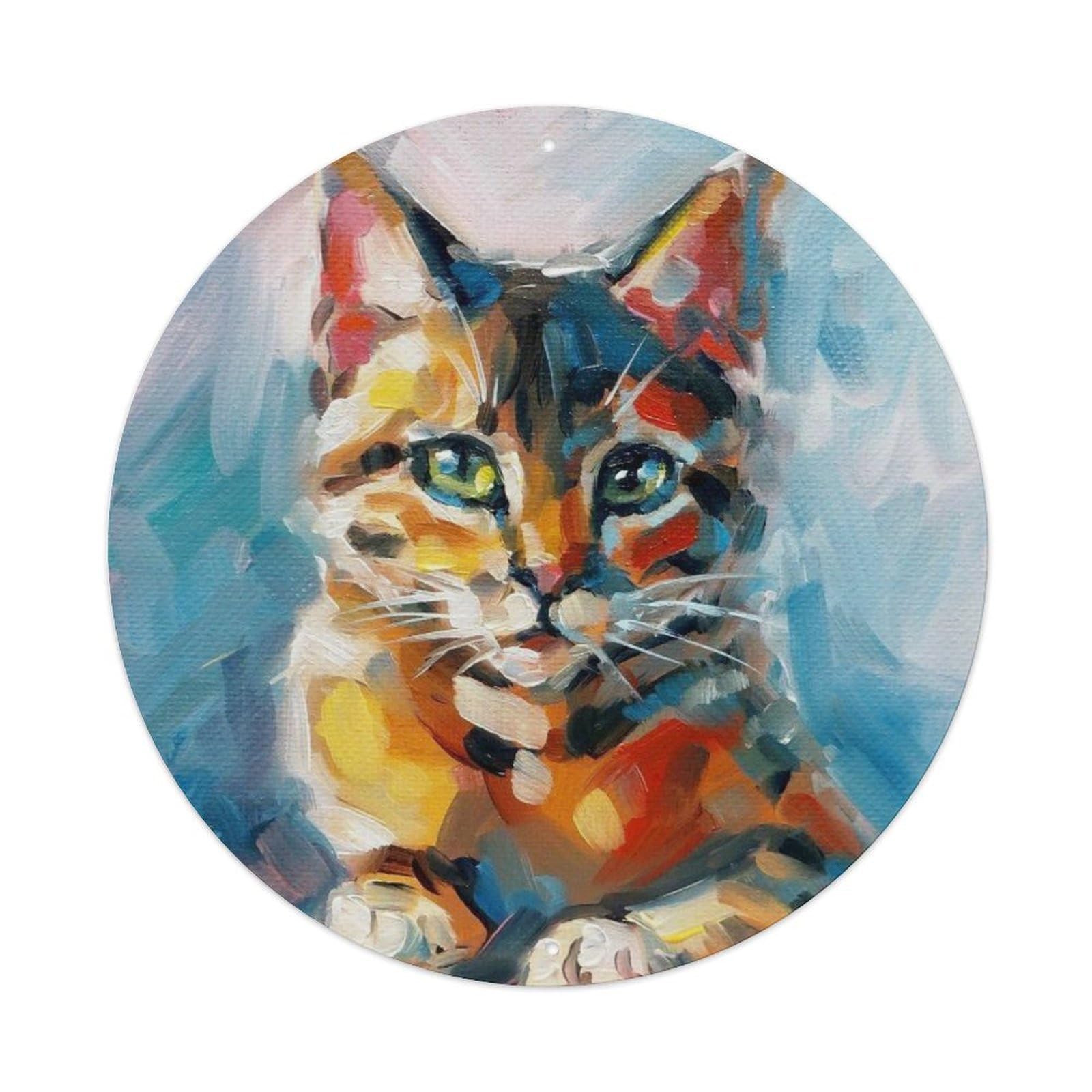 Animal Tabby Cat Impressionist Bold Color Pet Portrait Vintage Metal Tin Sign Plaque Wall Decor for Cafe, Club Bar, Office, Garden Metal Poster 8x8Inch