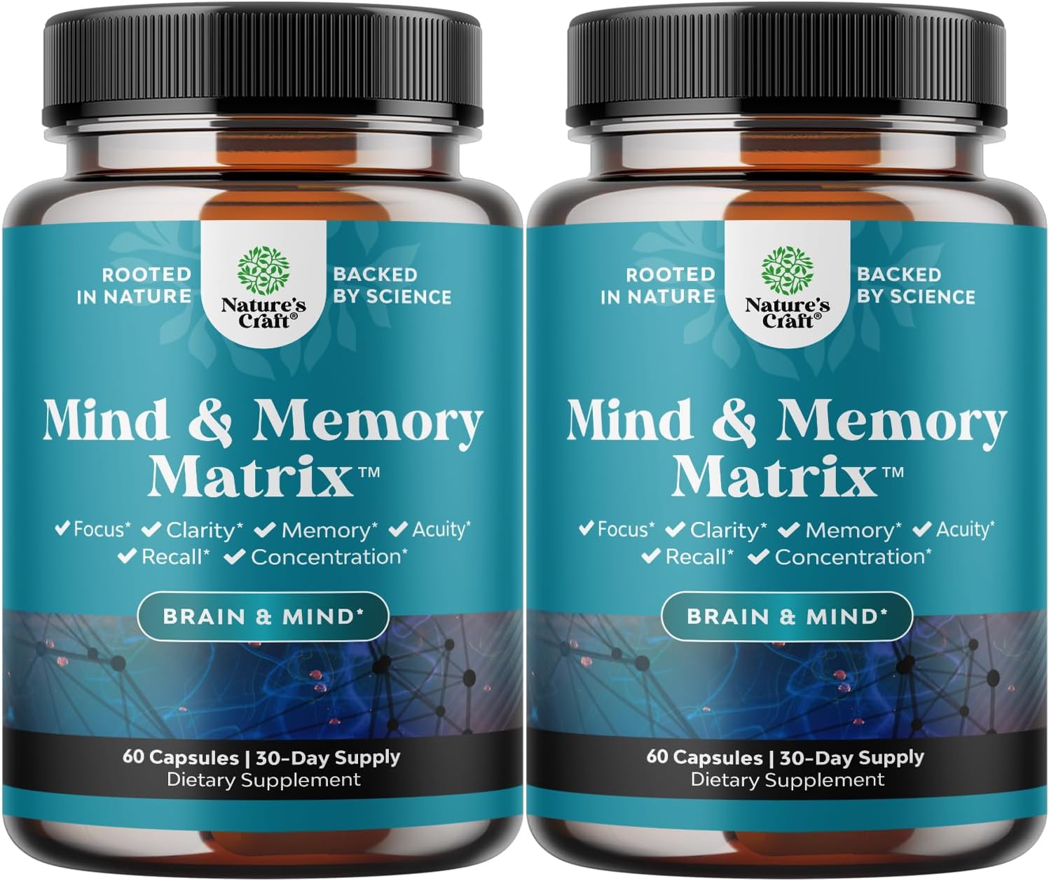 Natural Mind and Memory Supplement for Increased Mental Performance and Clarity Supports Brain Function Made with Pure Green Tea Extract DMAE Bitartrate and Vitamins - 60 Count - 2 Pack