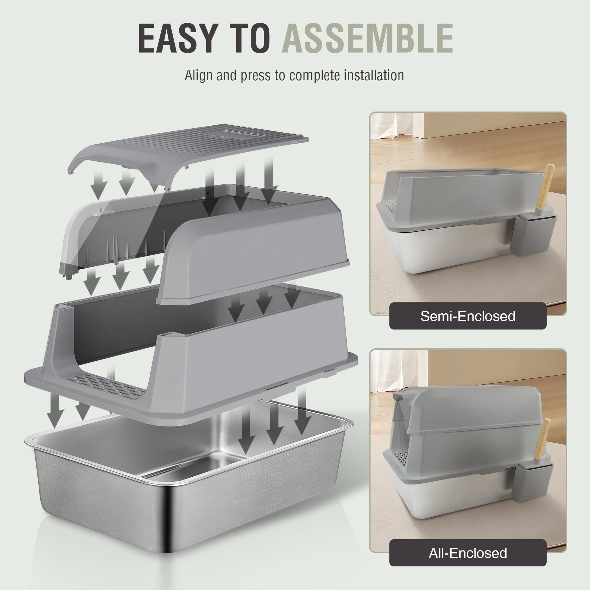 2 Pack TIPOOP XL Stainless Steel Enclosed High Sided Cat Litter Box with Lid, 24'' L &times; 16'' W &times; 17'' H - Odor Control & Easy Cleaning,Non-Sticky, Include Litter Scoop,Grey - image 6