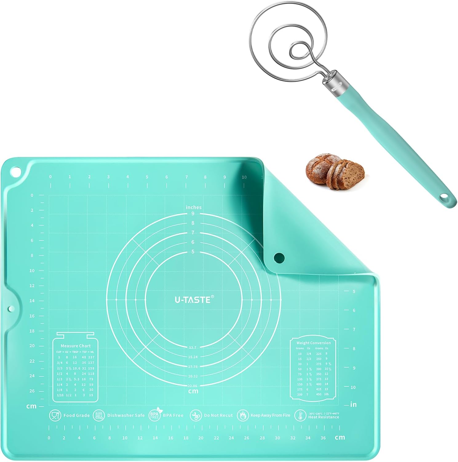 U-Taste 16"x20" Food-Grade Liquid Silicone Pastry Mat and 12.6in Stainless Steel Danish Dough Whisk (Aqua Sky)