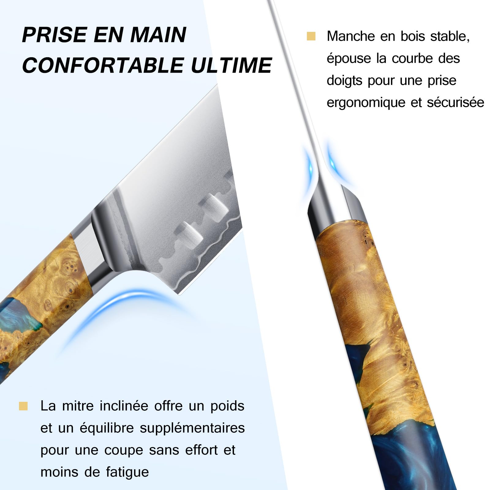 FINTISO Couteau Santoku 18CM Couteau de Chef Japonais Ultra Tranchant, Noyau en Acier en Poudre S35VN, Acier 7 Couches, Manche en Résine Céleste et Bois Stabilisé,Idée Cadeau Parfaite