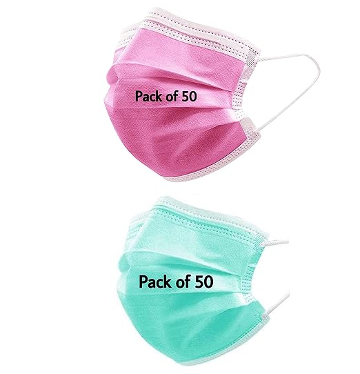 Ramila 3Ply surgical mask pack of 100 masks 50-50 Pink Green For All Men,Women,Kids Use and Throw, Disposable Masks Pack of 100 Pcs Nose Pin 3 Ply Comfortable Fabric Mask