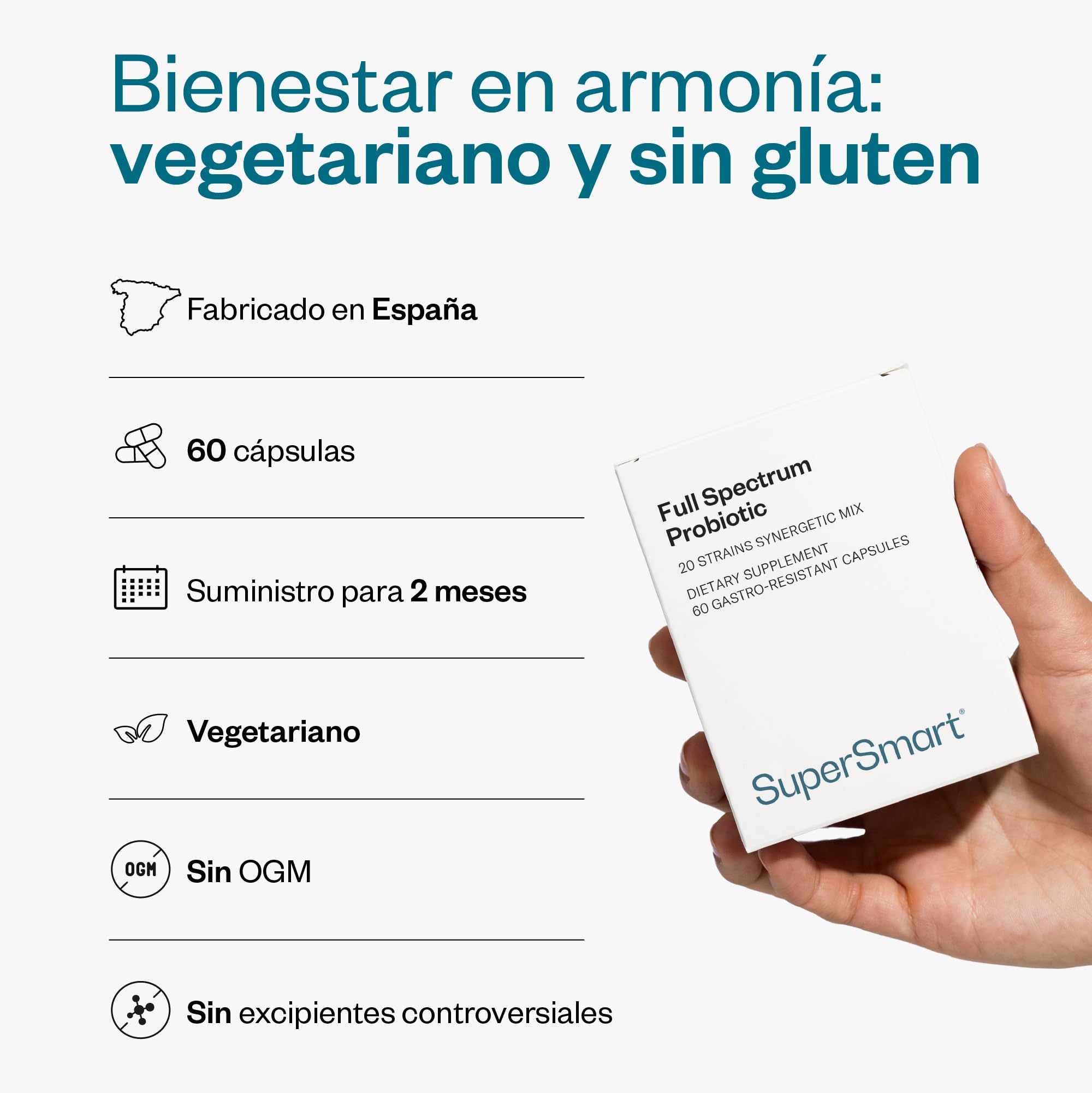 Full Spectrum Probiotic Formula - Sistema Digestivo - Vegano - SuperSmart | La Sinergía de Probióticos Definitiva - Ayuda a Proteger el Sistema Digestivo - Refuerza el Sistema Inmunológico