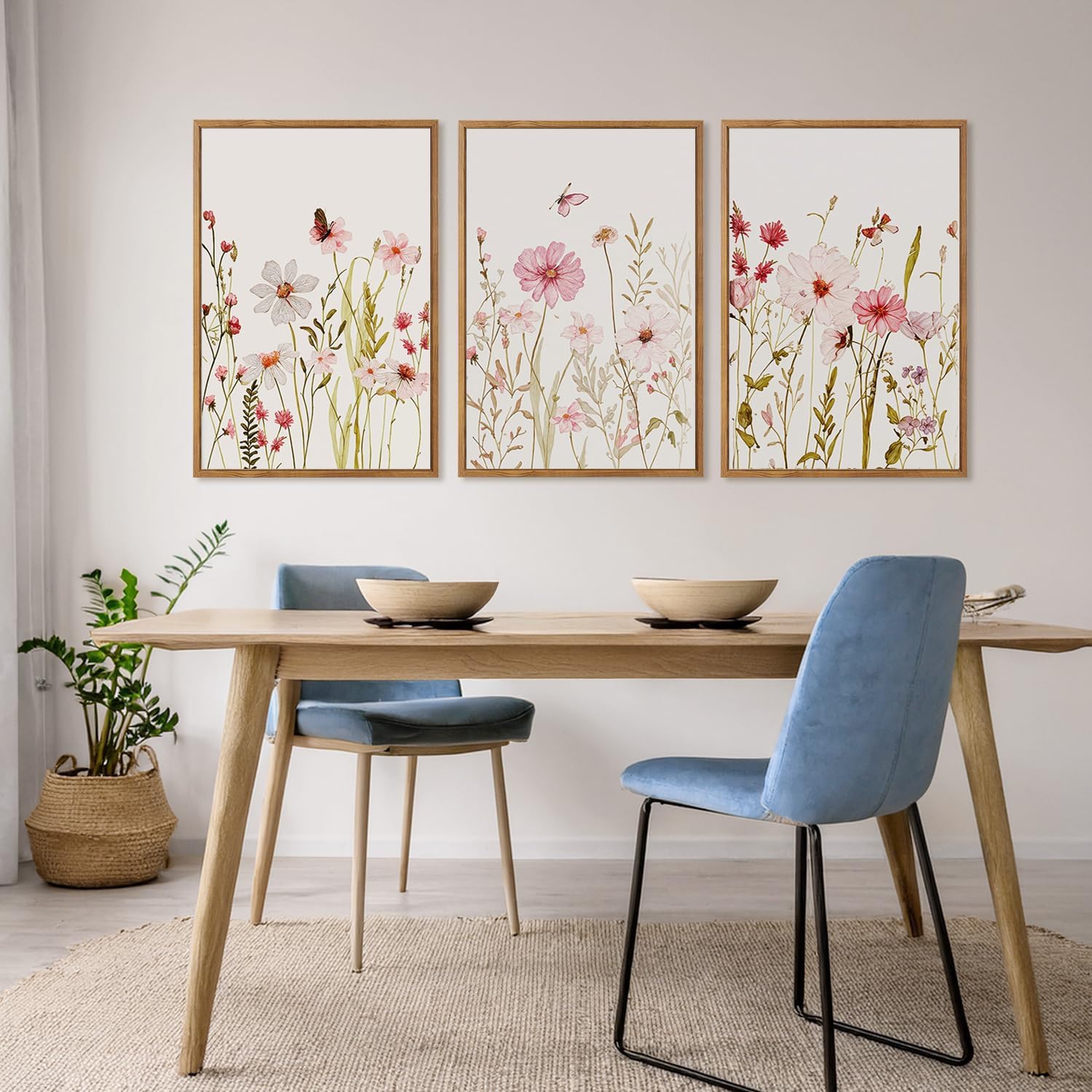 MTFBWY 3Pcs Framed Wildflower Canvas Wall Art – Pink Floral Wall Art Watercolor Prints, Pink Botanical Artwork, Colorful Flower Pictures Decor Printing for Living Room, Girls Bedroom, or Bathroom, 24L" x 16W"