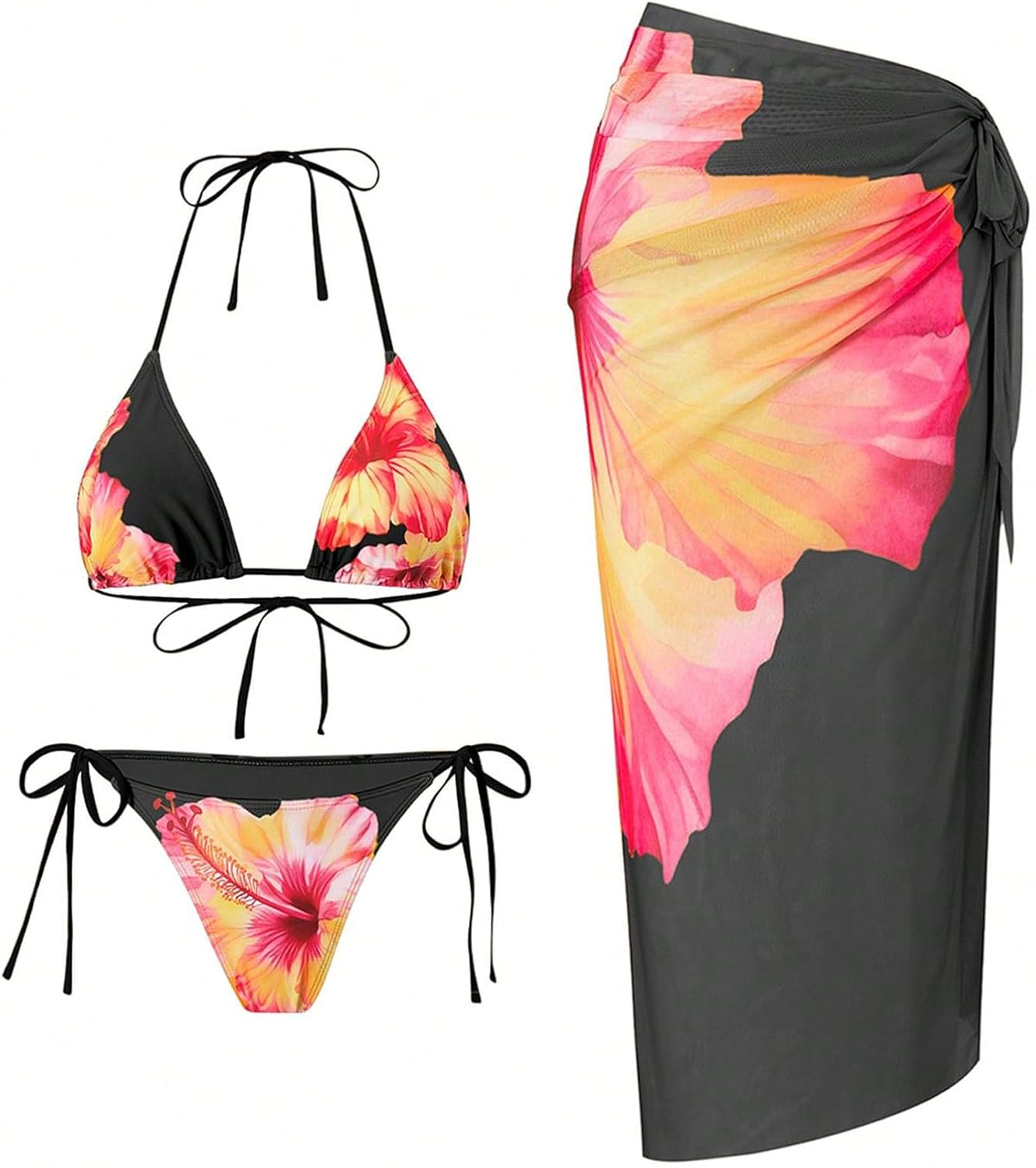 ZAFUL Women's 3 Piece Swimsuit Floral Halter Triangle String Bikini Tie Side Bottom with Boho Cover Up Skirt