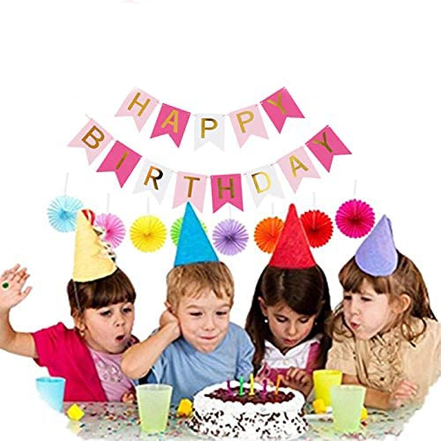 Pink & Gold Happy Birthday Banner - Swallowtail Flag Bunting For Party Decorations (Approx. 9 Ft Long)