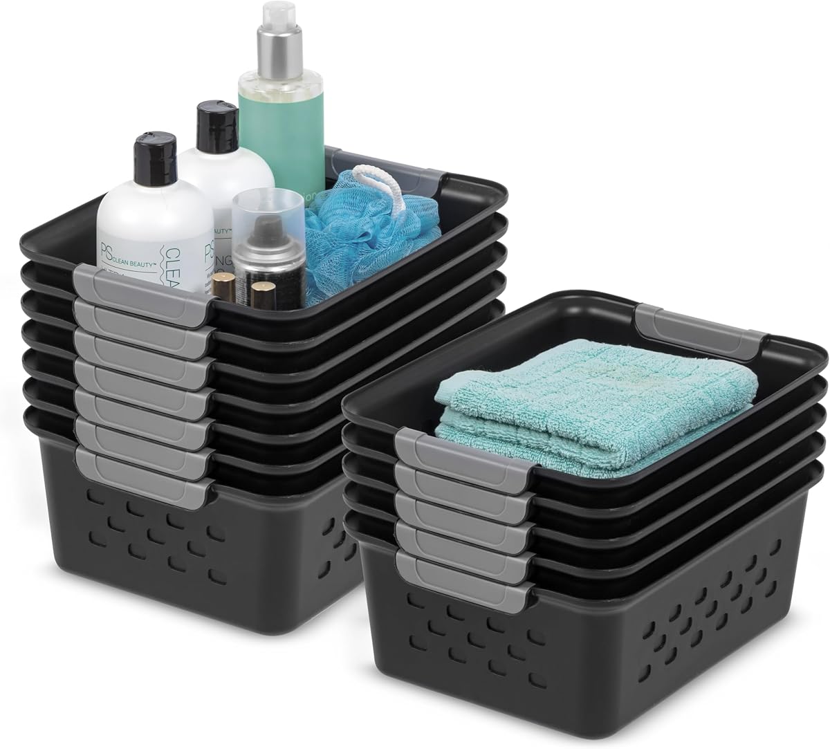 12-Pack, Small Plastic Storage Basket, Black | Organize pantry items, office supplies, crafts, accessories, and household essentials with easy-carry storage for shelves