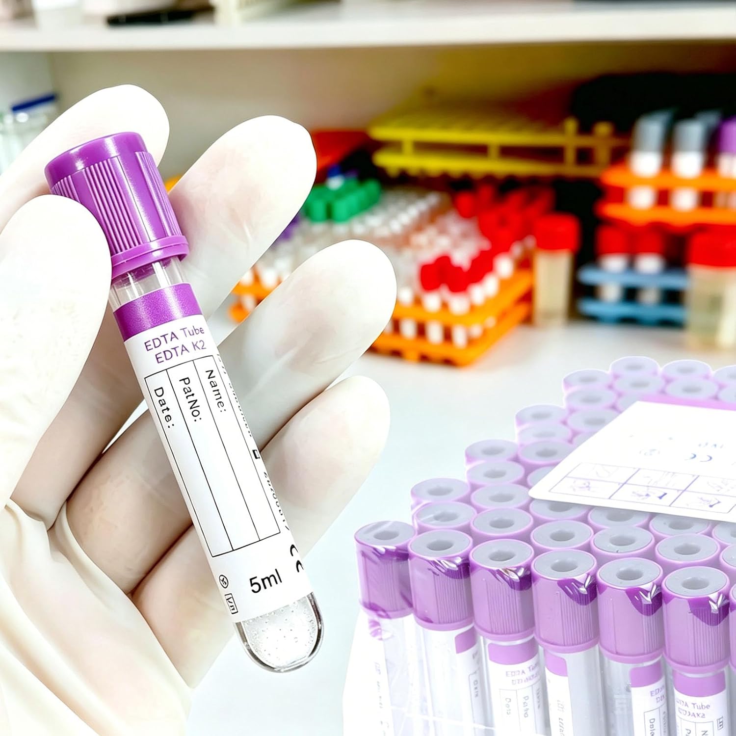 Blood Collection Tubes, 5ml K₂ EDTA Tube Lab Vacuum Collection Tubes, 100 Pcs, for Lab Test Tubes Pet Animals Veterinary
