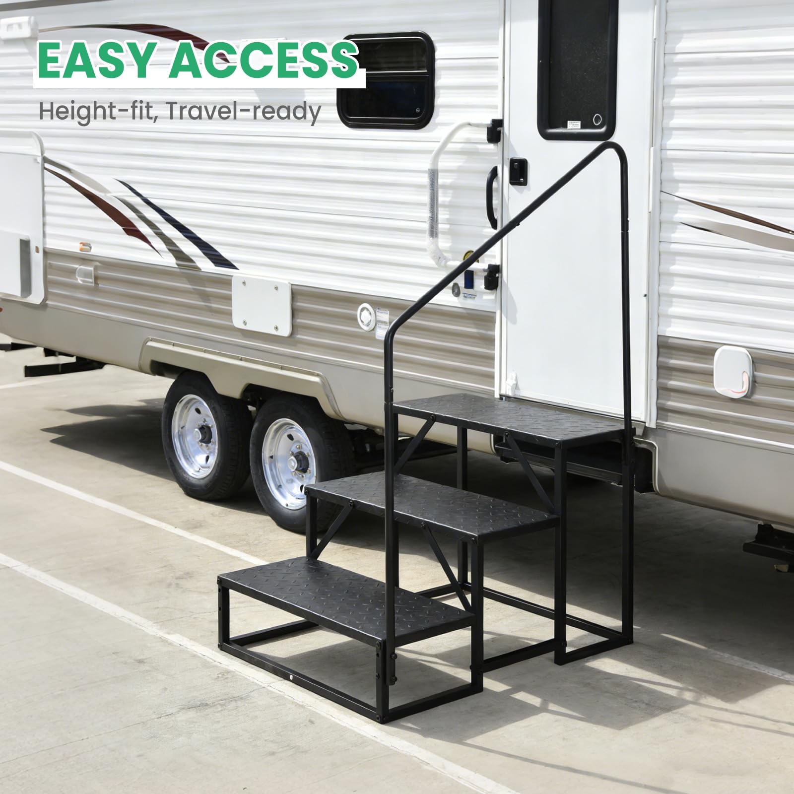 Garvee Escalier RV Stable en Acier Carbone avec Rampe – Portable, Usage externeérieur, Animaux et Spa – Capacité 300 kg – Accessoire Camping-Car – 3 marches